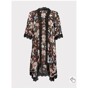 NWT Torrid black multi color floral print boho crochet trim kimono bohemian 70s